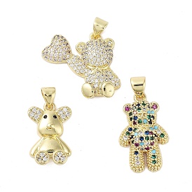 Rack Plating Bear Brass Micro Pave Cubic Zirconia Pendants, Cadmium Free & Lead Free, Long-Lasting Plated, Real 18K Gold Plated