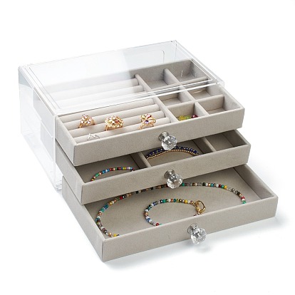 Rectangle Velvet & Wood Jewelry Boxes, 3 Layers with Plastic Cover, Portable Jewelry Storage Case, for Ring Earrings Necklace