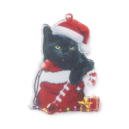 Christmas Cat Shape Acrylic Pendant Decoration, with Nylon Rope and Iron Bell, for Car Rear View Mirror Hanging Ornament