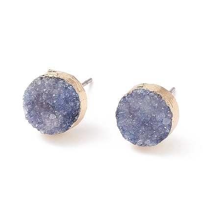 Dyed Flat Round Natural Druzy Agate Stud Earrings, with Golden Tone Brass Findings and Iron Pins