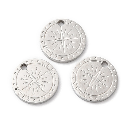 316L Surgical Stainless Steel Charms, Flat Round with Star Charm, Textured