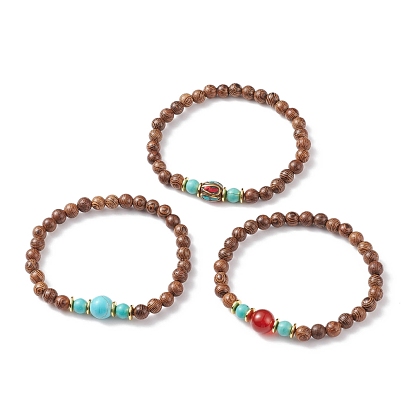 3 шт. 3 стильные браслеты из натуральных и синтетических смешанных драгоценных камней и дерева с индонезийскими бусинами для женщин