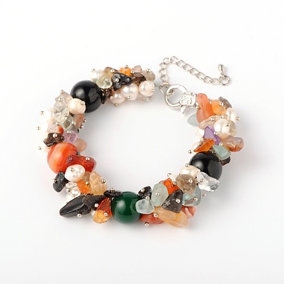 Copeaux de pierre naturelle bracelets, avec perles nacrées, alliage homard fermoirs pince et chaînes finaux de fer, 190x14mm