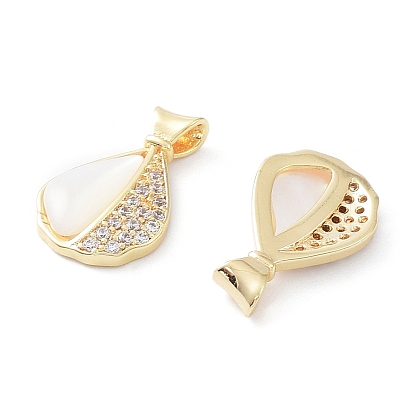 Rack Plating Brass Shell Pendants, with Cubic Zirconia & Shell, Long-Lasting Plated, Teardrop