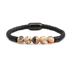 Colorful Acrylic Beaded Bracelet with Leather and Stainless Steel Magnetic Clasp for Women