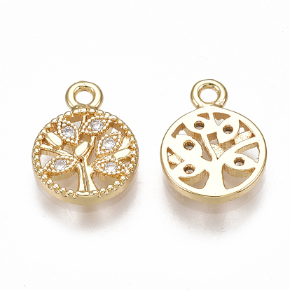 Brass Cubic Zirconia Charms, Flat Round with Tree, Clear, Nickel Free