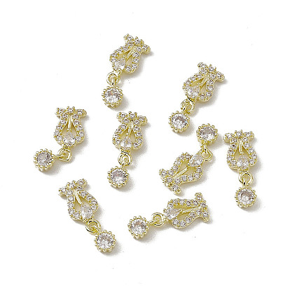 Brass Pave Clear Cubic Zirconia Nail Charms, Dangle Nail Art Decoration Accessories, with Glass Rhinestone, Flower