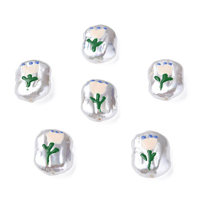 Cuentas de perlas de imitación de plástico abs, con esmalte, ovalada con flores