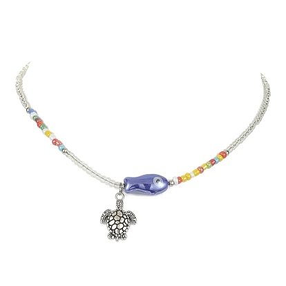 Collier pendentif tortue en alliage, collier de perles de poisson et de graines de verre en porcelaine