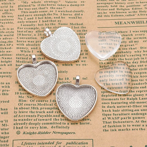 Tibetan Style Pendant Cabochons Settings, with Transparent Glass Heart Cabochons