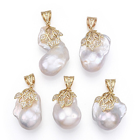 Natural Baroque Pearl Keshi Pearl Pendants, Brass Micro Pave Clear Cubic Zirconia Nuggets Charms with Snap On Bails, Lead Free & Nickel Free & Cadmium Free, Long-Lasting Plated