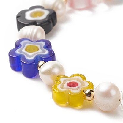 Millefiori Glass Flower & Natural Pearl Beaded Bracelet for Women