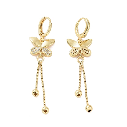 Clear Cubic Zirconia Butterfly Dangle Hoop Earrings, Brass Chain Tassel Long Drop Earrings for Women