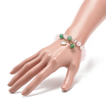 Natural Rose Quartz & Natural Green Aventurine & Quartz Crystal Beaded Stretch Bracelet, Natural Shell Auspicious Clod & Glass Lotus Seedpod Charm Bracelet for Women