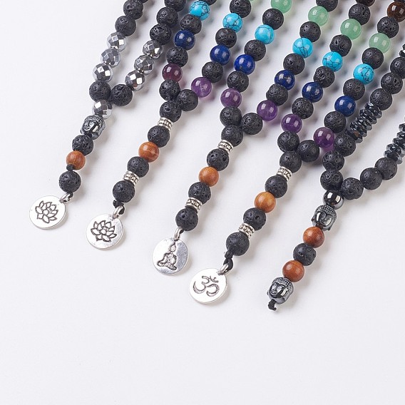 Perles de pierre de lave naturelle et colliers à pendentif en pierres précieuses, avec des perles de bois de santal