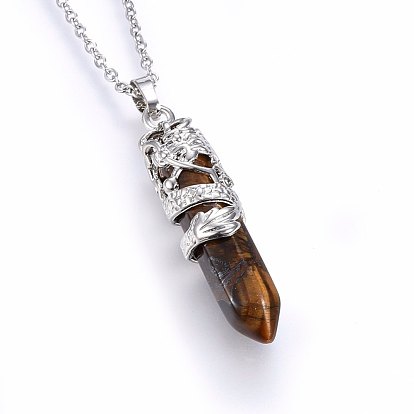 Mixed Gemstone Pendant Necklaces, with 304 Stainless Steel Cable Chains, Bullet with Dragon