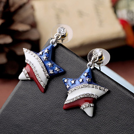 Stylish Five-pointed Star Earrings with American Flag Design and Dazzling Rhinestones
