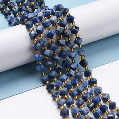Natural Dumortierite Beads Strands, with Seed Beads, Faceted, Diagonal Cube Beads, Grade A