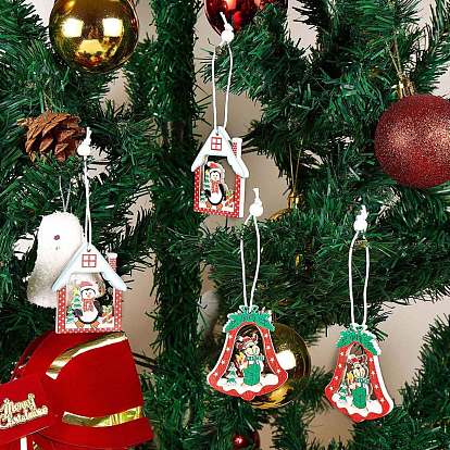 Christmas Wooden Ornaments Set, 12 Pcs Wooden Pendants Kit Hanging Ornaments, for Christmas Tree Door and Party Gift Decoration, Bell and House