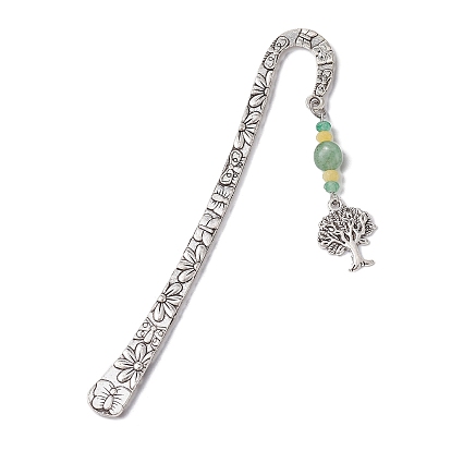Natural Malaysia Jade & Green Aventurine Beaded Pendant Bookmarks with Alloy Tree of Life, Flower Pattern Hook Bookmarks