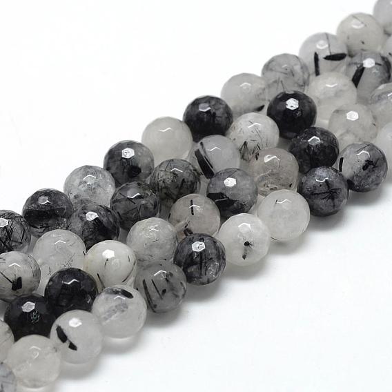 Naturel noir quartz rutile brins de perles, à facettes (128 facettes), ronde