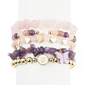 5Pcs 5 Style Natural Mixed Gemstone Chips & Natural Pearl & Brass Heart Beaded Stretch Bracelets Set, Alloy Butterfly Charms Stackable Bracelets for Women