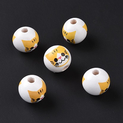 Printed Wood European Beads, Large Hole Beads, Round with Cat Pattern