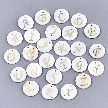 Natural Freshwater Shell Pendants, with Golden Plated Brass Etched Metal Embellishments, Flat Round with Letter, Alphabet