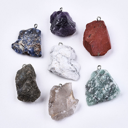 Natural Gemstone Pendants, Rough Raw Stone, with 304 Stainless Steel Loops, Nuggets, Stainless Steel Color