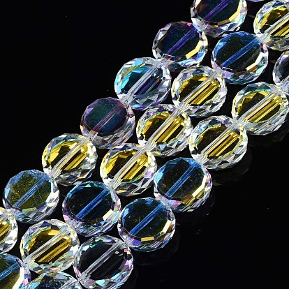 Electroplate Transparent Glass Beads Strands, AB Color Plated, Faceted, Flat Round