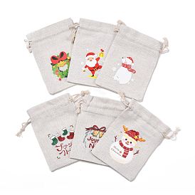Рождественские мешочки для хранения хлопчатобумажной ткани, прямоугольные сумки на шнурке, для подарочных пакетов с конфетами