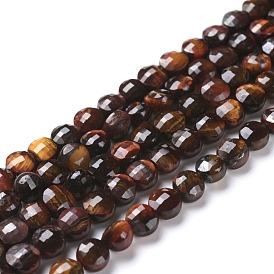 Natural Tiger Eye Beads Strands, Faceted, Flat Round