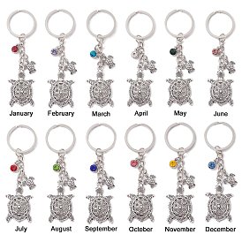 12Pcs 12 Colors Tortoise Alloy Pendant Keychain, with Glass Rhinestone Birthstone Charms