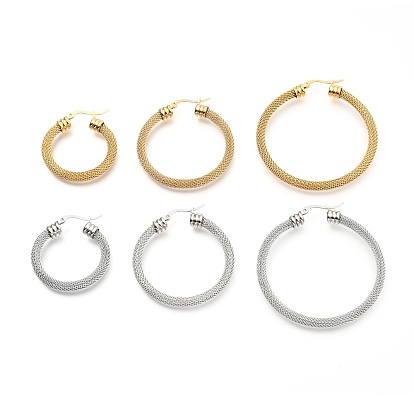 304 Stainless Steel Mesh Hoop Earrings, Round Ring Shape