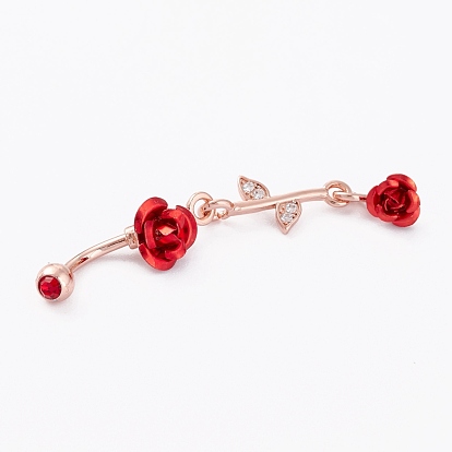 Piercing Jewelry, Brass Micro Pave Cubic Zirconia Navel Rings, Belly Rings, with 304 Stainless Steel Bar and Enamel, Rose, Red
