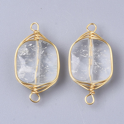 Natural Quartz Crystal Links/Connectors, Wire Wrapped Links, with Golden Tone Brass Wires, Rectangle
