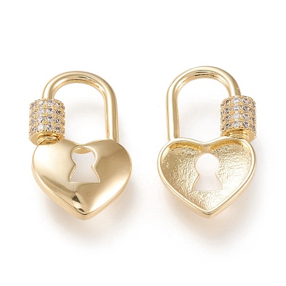 Brass Micro Pave Clear Cubic Zirconia Screw Carabiner Lock Charms, for Necklaces Making, Long-Lasting Plated, Heart Lock