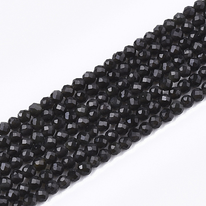 Natural Black Obsidian Beads Strands, Faceted, Round