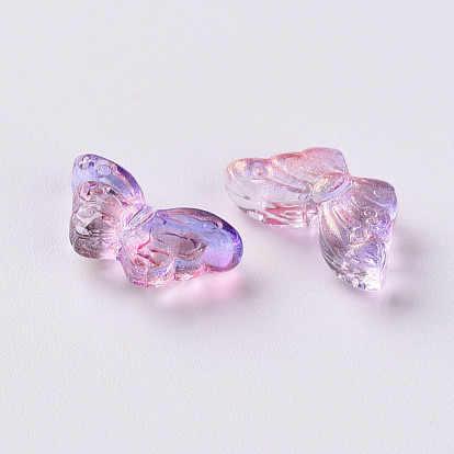 Perles de verre peintes par pulvérisation transparentes deux tons, avec de la poudre de paillettes, papillon