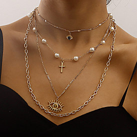 Stylish Multi-Layer Pearl Necklace with Devil Eye Cross Pendant for Women