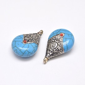 Flat Teardrop Tibetan Style Pendants, Brass Findings with Synthetic Turquoise, Antique Silver, 42x27x15mm, Hole: 4.5mm