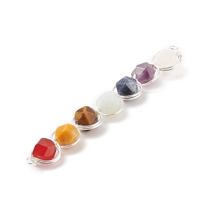 7Pcs Star Cut Round Natural Gemstones Copper Wire Wrapped Connector Charms, Natural opaz Jade & Amazonite & Carnelian & Amethyst & Tiger Eye  & Rose Quartz & Sodalite, Faceted