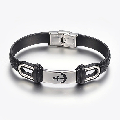 Cuir PU bracelets de corde tressés, avec 304 accessoire en acier inoxydable, rectangle avec ancre