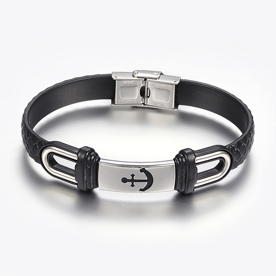 PU Leather Braided Cord Bracelets, with 304 Stainless Steel Finding, Rectangle with Anchor
