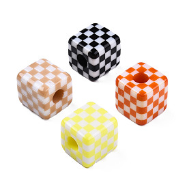 Opaque Resin European Beads, Large Hole Beads, Cube with Tartan Pattern