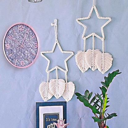 Adornos colgantes de pared de polialgodón tejido con estrella de macramé bohemio, Tapices de borlas para decoración del dormitorio del hogar.