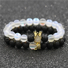 Volcanic Moonstone Couple Bracelet Set with CZ Crown Charm - Queen King Love Jewelry