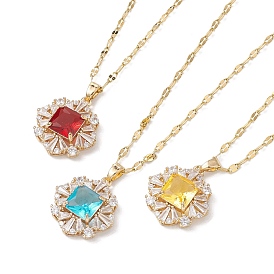 Brass Micro Pave Cubic Zirconia Pendant Necklaces, with Glass, Flower