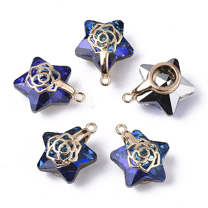 Electroplate Glass Pendants, with Light Gold Plated Brass Ice Pick Pinch Bails, Faceted, Star with Rose
