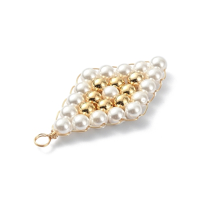 Grade A pendentifs en perles de nacre rondes, breloques losanges avec fil de cuivre enroulé et perles de laiton, sans plomb et sans cadmium et sans nickel